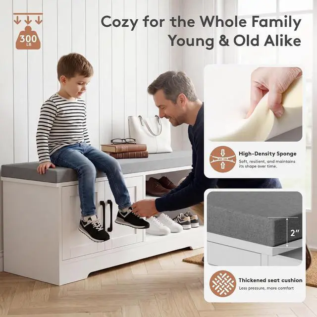 Alt view image 7 of 7 - 39.6" Shoe Storage Bench with Cushion, Entryway Shoe Cabinet, White | 3-in-1 Shoe Storage Bench, Adjustable Shelves, Removable Cushion, 300 lbs Capacity, Entryway, Apartment, Families