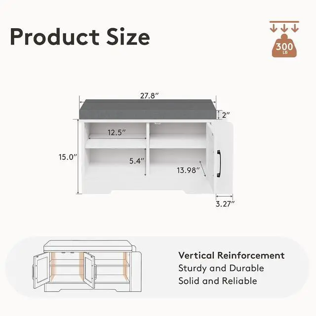 Alt view image 3 of 7 - 27.8" Shoe Storage Bench with Cushion, Entryway Shoe Cabinet, White | 3-in-1 Shoe Storage Bench, Adjustable Shelves, Removable Cushion, 300 lbs Capacity, Entryway, Apartment, Families