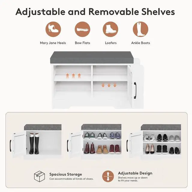 Alt view image 5 of 7 - 27.8" Shoe Storage Bench with Cushion, Entryway Shoe Cabinet, White | 3-in-1 Shoe Storage Bench, Adjustable Shelves, Removable Cushion, 300 lbs Capacity, Entryway, Apartment, Families