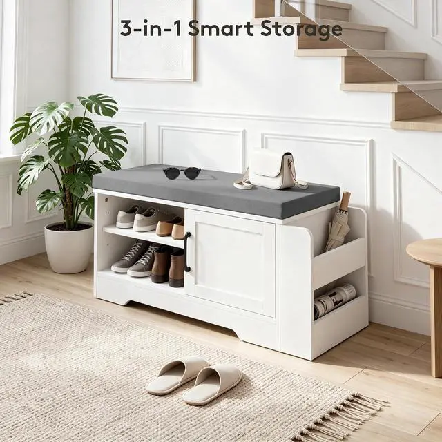 Alt view image 6 of 7 - 27.8" Shoe Storage Bench with Cushion, Entryway Shoe Cabinet, White | 3-in-1 Shoe Storage Bench, Adjustable Shelves, Removable Cushion, 300 lbs Capacity, Entryway, Apartment, Families