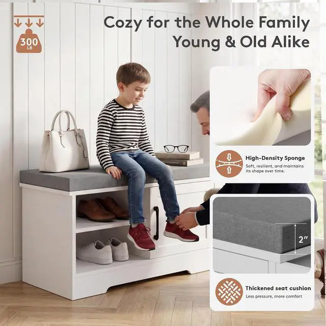 Alt view image 7 of 7 - 27.8" Shoe Storage Bench with Cushion, Entryway Shoe Cabinet, White | 3-in-1 Shoe Storage Bench, Adjustable Shelves, Removable Cushion, 300 lbs Capacity, Entryway, Apartment, Families