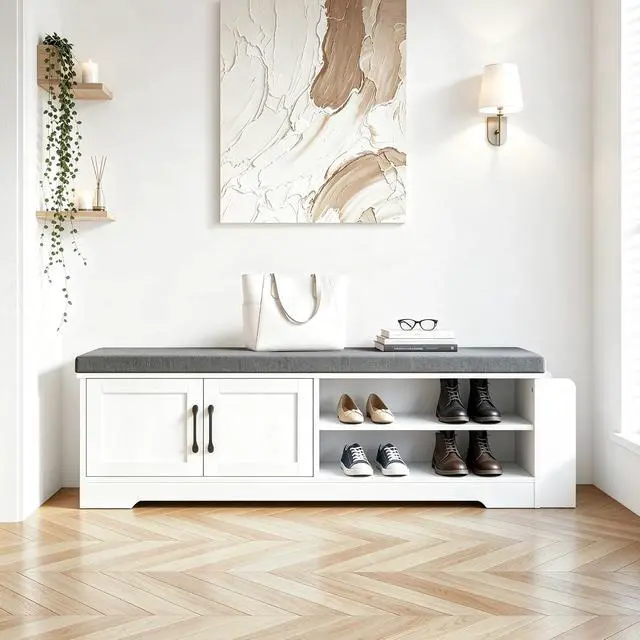 Alt view image 2 of 7 - 47.3" Shoe Storage Bench with Cushion, Entryway Shoe Cabinet, White | 3-in-1 Shoe Storage Bench, 47.3", Adjustable Shelves, Removable Cushion, 300 lbs Capacity, Entryway, Apartment, Families
