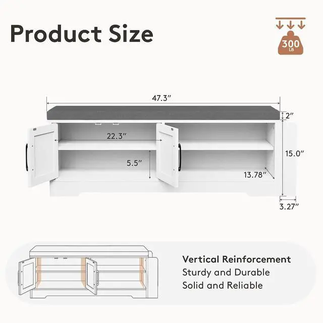 Alt view image 3 of 7 - 47.3" Shoe Storage Bench with Cushion, Entryway Shoe Cabinet, White | 3-in-1 Shoe Storage Bench, 47.3", Adjustable Shelves, Removable Cushion, 300 lbs Capacity, Entryway, Apartment, Families