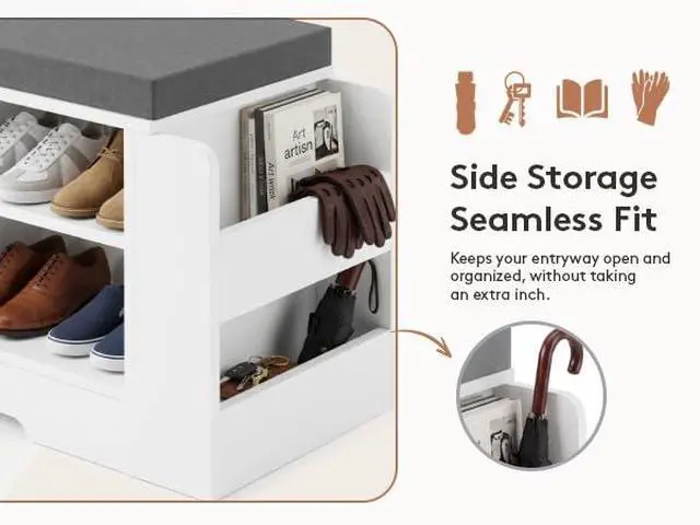 Alt view image 4 of 7 - 47.3" Shoe Storage Bench with Cushion, Entryway Shoe Cabinet, White | 3-in-1 Shoe Storage Bench, 47.3", Adjustable Shelves, Removable Cushion, 300 lbs Capacity, Entryway, Apartment, Families