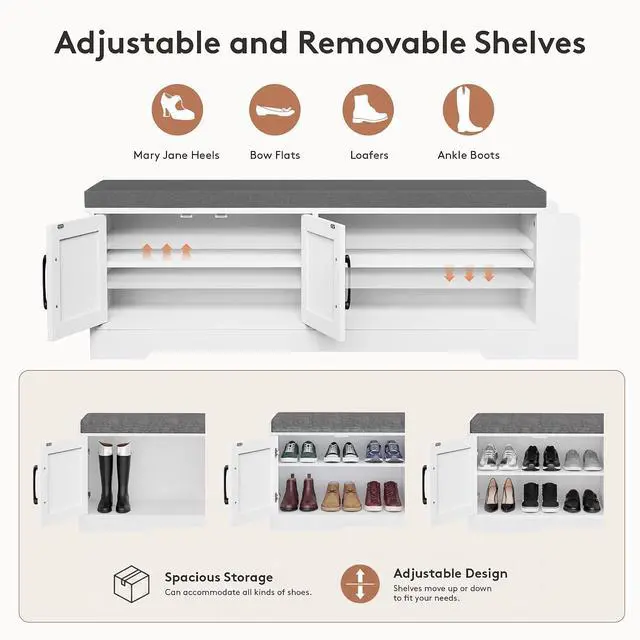 Alt view image 5 of 7 - 47.3" Shoe Storage Bench with Cushion, Entryway Shoe Cabinet, White | 3-in-1 Shoe Storage Bench, 47.3", Adjustable Shelves, Removable Cushion, 300 lbs Capacity, Entryway, Apartment, Families