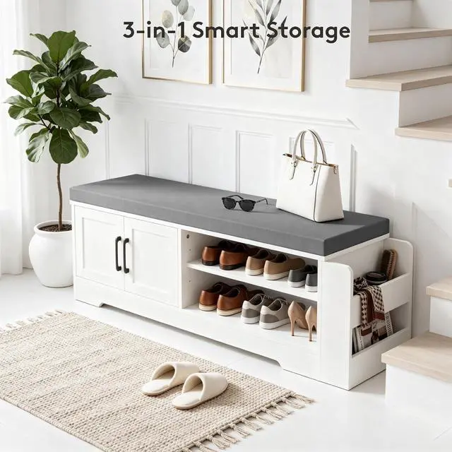 Alt view image 6 of 7 - 47.3" Shoe Storage Bench with Cushion, Entryway Shoe Cabinet, White | 3-in-1 Shoe Storage Bench, 47.3", Adjustable Shelves, Removable Cushion, 300 lbs Capacity, Entryway, Apartment, Families