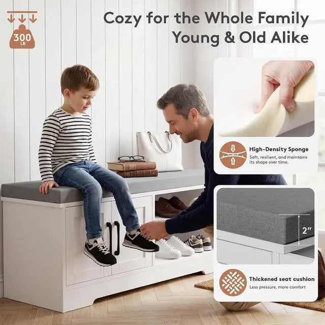 Alt view image 7 of 7 - 47.3" Shoe Storage Bench with Cushion, Entryway Shoe Cabinet, White | 3-in-1 Shoe Storage Bench, 47.3", Adjustable Shelves, Removable Cushion, 300 lbs Capacity, Entryway, Apartment, Families