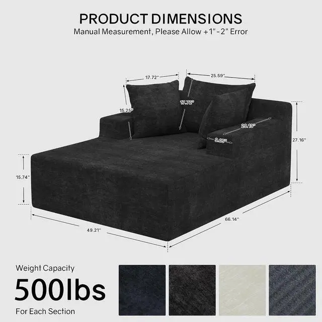 Alt view image 2 of 7 - 66" Chaise Lounge Chair Indoor, Oversized Boneless Lounge Chair with 3 Pillows, Chenille Cloud Reading Chair for Living Room Bedroom, Deep Seat Sleeper Couch, No Assembly Required