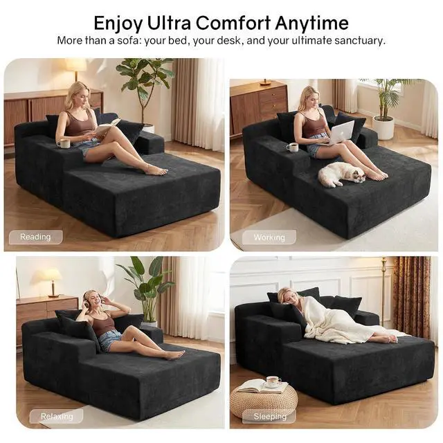 Alt view image 6 of 7 - 66" Chaise Lounge Chair Indoor, Oversized Boneless Lounge Chair with 3 Pillows, Chenille Cloud Reading Chair for Living Room Bedroom, Deep Seat Sleeper Couch, No Assembly Required