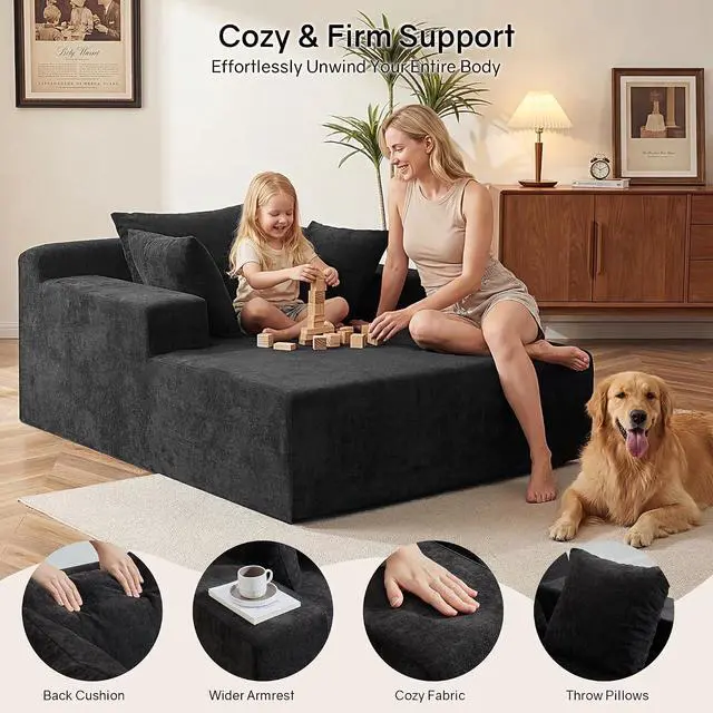 Alt view image 7 of 7 - 66" Chaise Lounge Chair Indoor, Oversized Boneless Lounge Chair with 3 Pillows, Chenille Cloud Reading Chair for Living Room Bedroom, Deep Seat Sleeper Couch, No Assembly Required