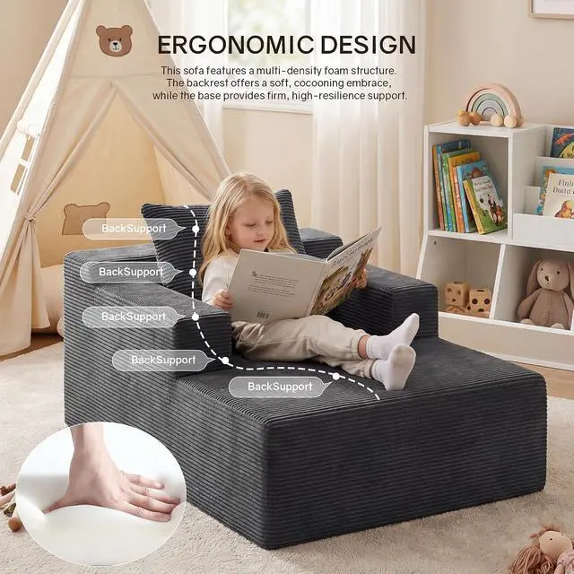 Alt view image 2 of 7 - 45" Chaise Lounge Chair Indoor, Corduroy Boneless Sofa Bed, Deep Seat Sleeper Couch Reading Chairs for Bedroom Living Room, Movie Room | No-Assembly