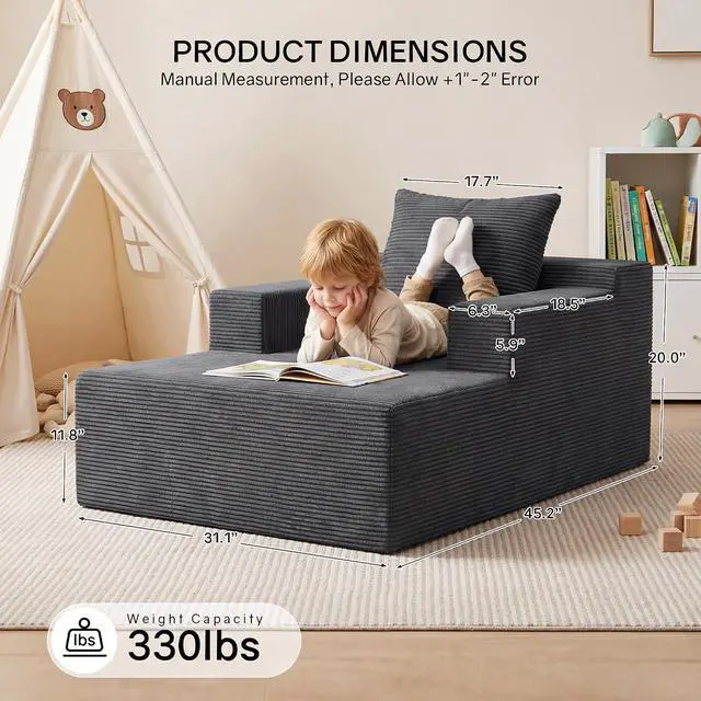 Alt view image 3 of 7 - 45" Chaise Lounge Chair Indoor, Corduroy Boneless Sofa Bed, Deep Seat Sleeper Couch Reading Chairs for Bedroom Living Room, Movie Room | No-Assembly