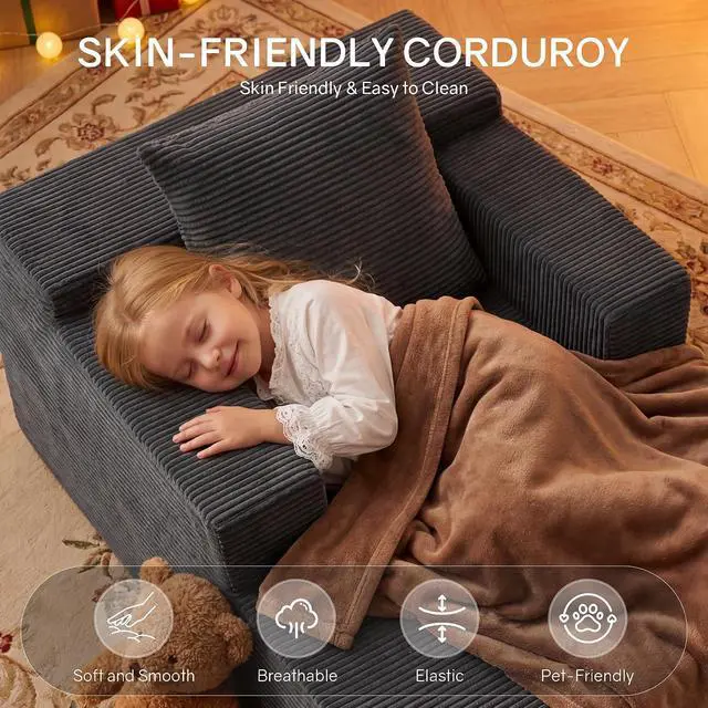 Alt view image 4 of 7 - 45" Chaise Lounge Chair Indoor, Corduroy Boneless Sofa Bed, Deep Seat Sleeper Couch Reading Chairs for Bedroom Living Room, Movie Room | No-Assembly