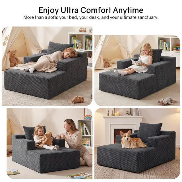 Alt view image 5 of 7 - 45" Chaise Lounge Chair Indoor, Corduroy Boneless Sofa Bed, Deep Seat Sleeper Couch Reading Chairs for Bedroom Living Room, Movie Room | No-Assembly