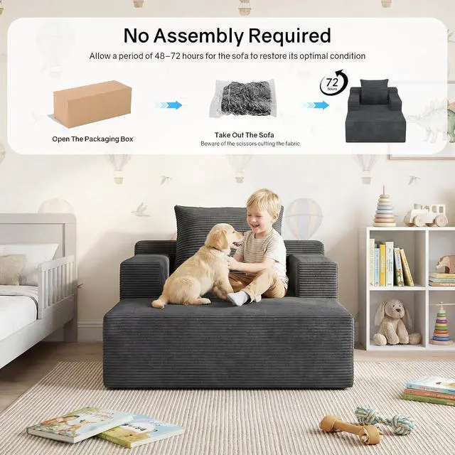 Alt view image 6 of 7 - 45" Chaise Lounge Chair Indoor, Corduroy Boneless Sofa Bed, Deep Seat Sleeper Couch Reading Chairs for Bedroom Living Room, Movie Room | No-Assembly