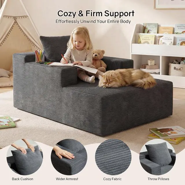 Alt view image 7 of 7 - 45" Chaise Lounge Chair Indoor, Corduroy Boneless Sofa Bed, Deep Seat Sleeper Couch Reading Chairs for Bedroom Living Room, Movie Room | No-Assembly