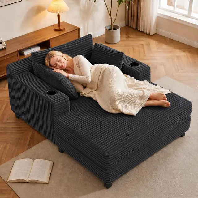 Main image of 64" Chaise Lounge Chair Indoor, Oversized Sleeper Chair with Wood Frame, Corduroy Bedroom Couch, Reading Chair for Living Room, Deep Seat Sofa Bed with 2 Cup Holders