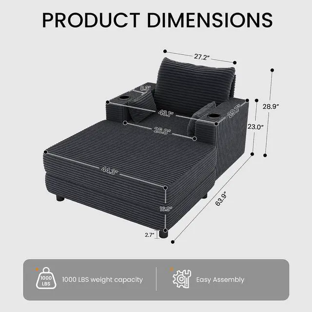 Alt view image 2 of 7 - 64" Chaise Lounge Chair Indoor, Oversized Sleeper Chair with Wood Frame, Corduroy Bedroom Couch, Reading Chair for Living Room, Deep Seat Sofa Bed with 2 Cup Holders
