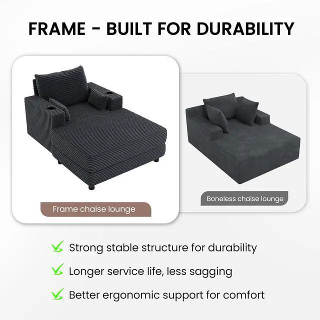 Alt view image 3 of 7 - 64" Chaise Lounge Chair Indoor, Oversized Sleeper Chair with Wood Frame, Corduroy Bedroom Couch, Reading Chair for Living Room, Deep Seat Sofa Bed with 2 Cup Holders