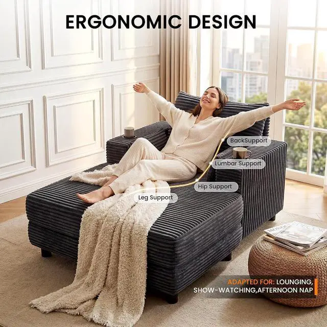 Alt view image 4 of 7 - 64" Chaise Lounge Chair Indoor, Oversized Sleeper Chair with Wood Frame, Corduroy Bedroom Couch, Reading Chair for Living Room, Deep Seat Sofa Bed with 2 Cup Holders