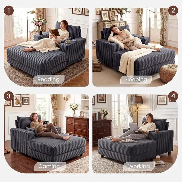 Alt view image 5 of 7 - 64" Chaise Lounge Chair Indoor, Oversized Sleeper Chair with Wood Frame, Corduroy Bedroom Couch, Reading Chair for Living Room, Deep Seat Sofa Bed with 2 Cup Holders