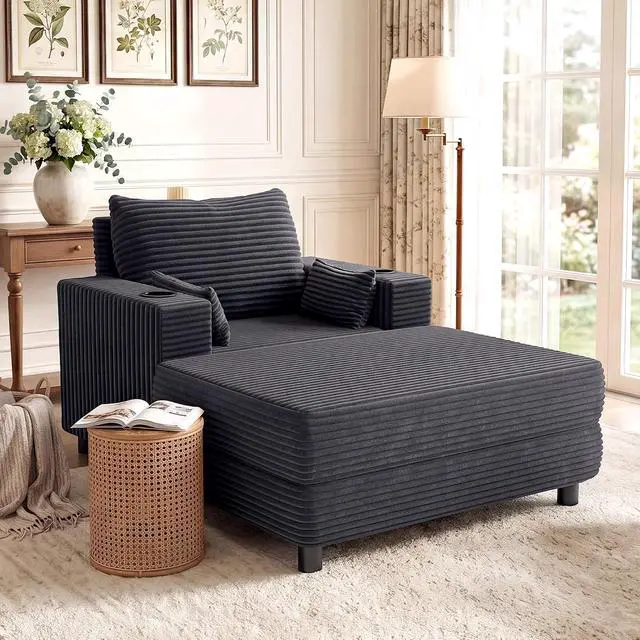 Alt view image 7 of 7 - 64" Chaise Lounge Chair Indoor, Oversized Sleeper Chair with Wood Frame, Corduroy Bedroom Couch, Reading Chair for Living Room, Deep Seat Sofa Bed with 2 Cup Holders