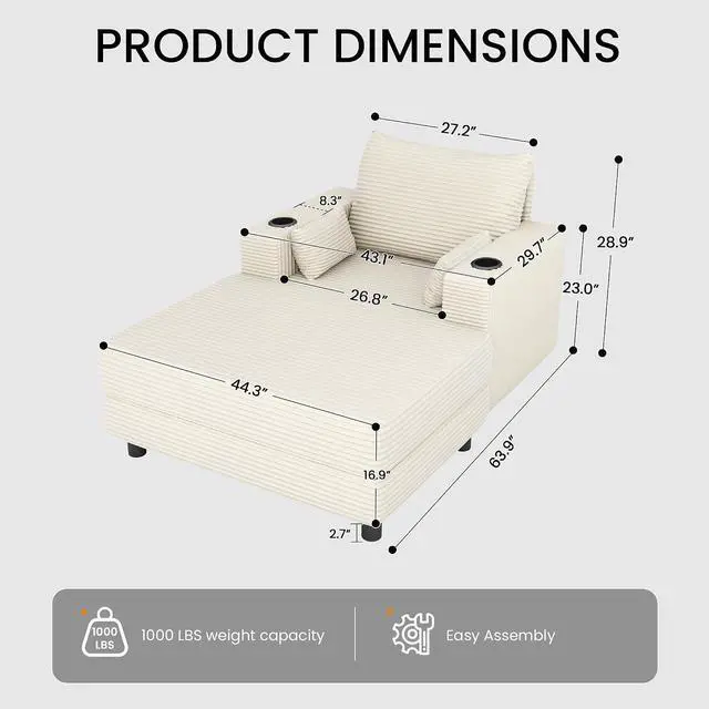 Alt view image 2 of 7 - 64" Chaise Lounge Chair Indoor, Oversized Sleeper Chair with Wood Frame, Corduroy Bedroom Couch, Reading Chair for Living Room, Deep Seat Sofa Bed with 2 Cup Holders
