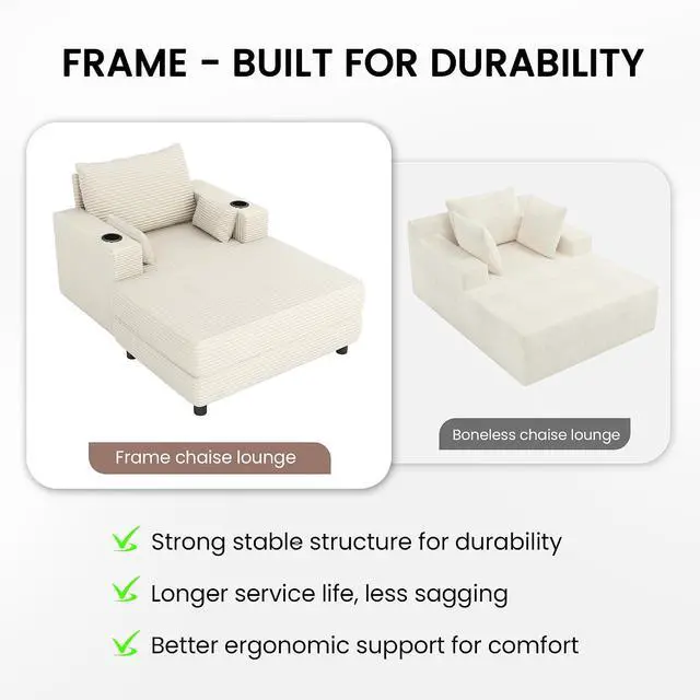 Alt view image 3 of 7 - 64" Chaise Lounge Chair Indoor, Oversized Sleeper Chair with Wood Frame, Corduroy Bedroom Couch, Reading Chair for Living Room, Deep Seat Sofa Bed with 2 Cup Holders