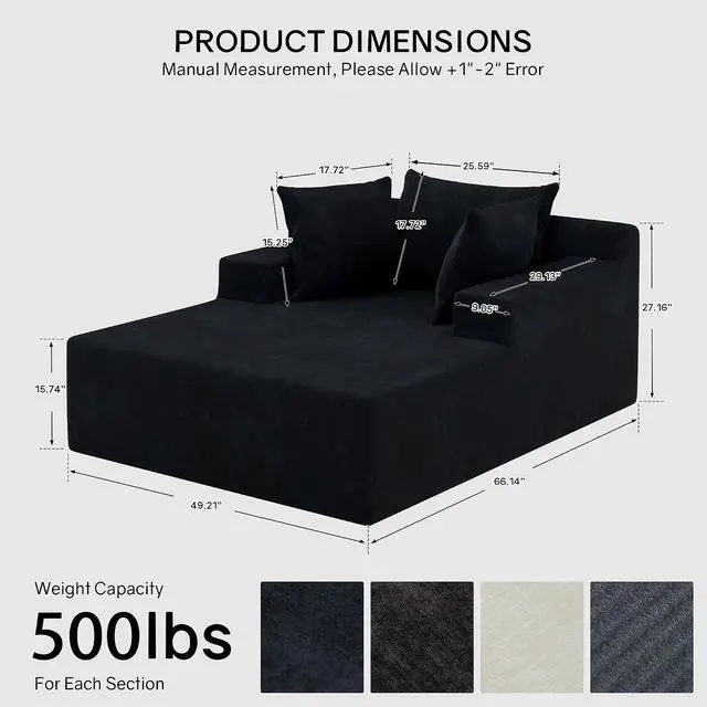Alt view image 2 of 7 - 66" Chaise Lounge Chair Indoor, Oversized Boneless Lounge Chair with 3 Pillows, Chenille Cloud Reading Chair for Living Room Bedroom, Deep Seat Sleeper Couch, No Assembly Required