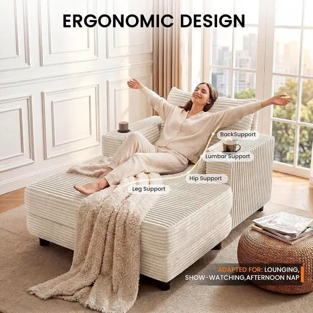 Alt view image 4 of 7 - 64" Chaise Lounge Chair Indoor, Oversized Sleeper Chair with Wood Frame, Corduroy Bedroom Couch, Reading Chair for Living Room, Deep Seat Sofa Bed with 2 Cup Holders