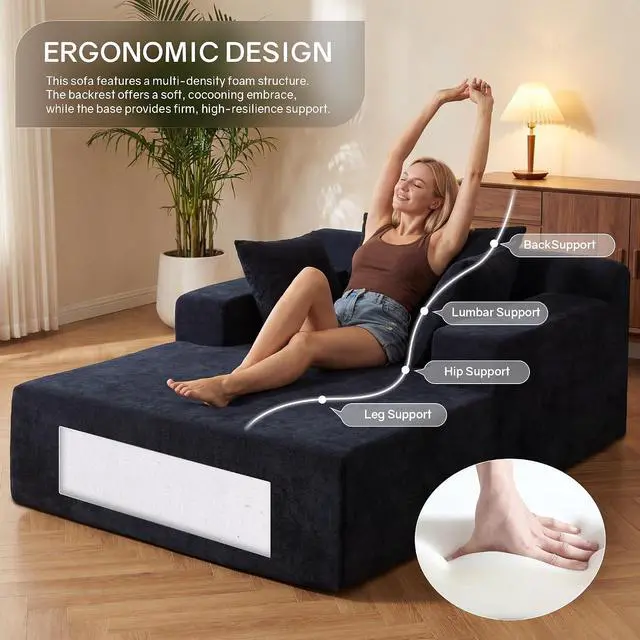 Alt view image 3 of 7 - 66" Chaise Lounge Chair Indoor, Oversized Boneless Lounge Chair with 3 Pillows, Chenille Cloud Reading Chair for Living Room Bedroom, Deep Seat Sleeper Couch, No Assembly Required