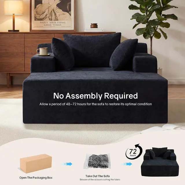 Alt view image 4 of 7 - 66" Chaise Lounge Chair Indoor, Oversized Boneless Lounge Chair with 3 Pillows, Chenille Cloud Reading Chair for Living Room Bedroom, Deep Seat Sleeper Couch, No Assembly Required