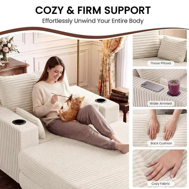 Alt view image 6 of 7 - 64" Chaise Lounge Chair Indoor, Oversized Sleeper Chair with Wood Frame, Corduroy Bedroom Couch, Reading Chair for Living Room, Deep Seat Sofa Bed with 2 Cup Holders