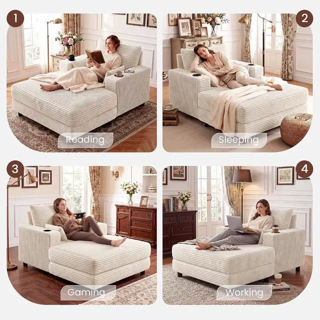 Alt view image 5 of 7 - 64" Chaise Lounge Chair Indoor, Oversized Sleeper Chair with Wood Frame, Corduroy Bedroom Couch, Reading Chair for Living Room, Deep Seat Sofa Bed with 2 Cup Holders