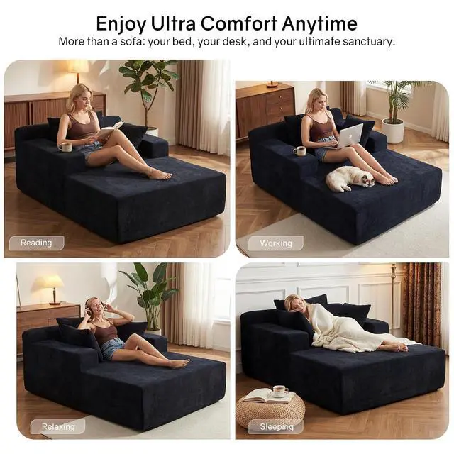 Alt view image 6 of 7 - 66" Chaise Lounge Chair Indoor, Oversized Boneless Lounge Chair with 3 Pillows, Chenille Cloud Reading Chair for Living Room Bedroom, Deep Seat Sleeper Couch, No Assembly Required