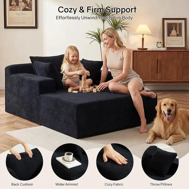 Alt view image 7 of 7 - 66" Chaise Lounge Chair Indoor, Oversized Boneless Lounge Chair with 3 Pillows, Chenille Cloud Reading Chair for Living Room Bedroom, Deep Seat Sleeper Couch, No Assembly Required