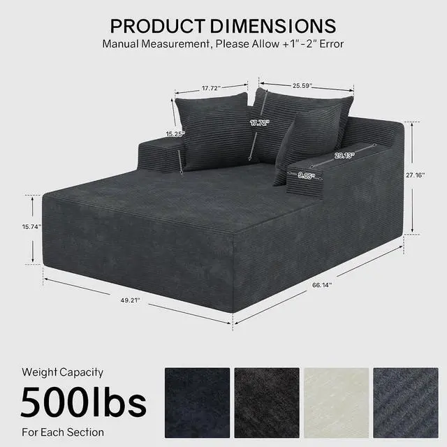 Alt view image 2 of 7 - 66" Chaise Lounge Chair Indoor, Oversized Boneless Lounge Chair with 3 Pillows, Corduroy Cloud Reading Chair for Living Room Bedroom, Deep Seat Sleeper Couch, No Assembly Required