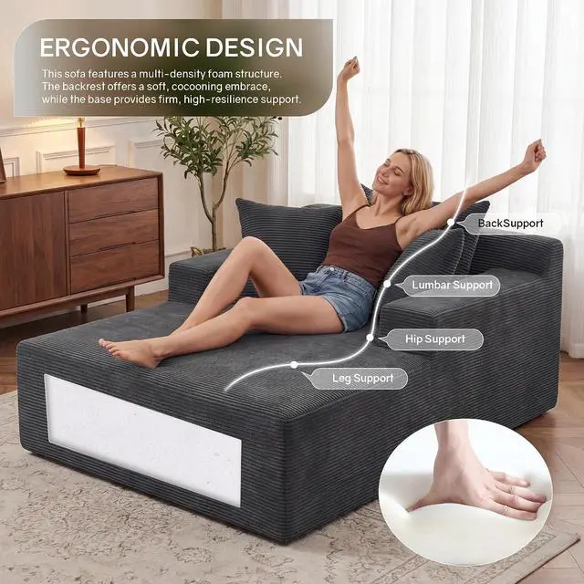 Alt view image 3 of 7 - 66" Chaise Lounge Chair Indoor, Oversized Boneless Lounge Chair with 3 Pillows, Corduroy Cloud Reading Chair for Living Room Bedroom, Deep Seat Sleeper Couch, No Assembly Required