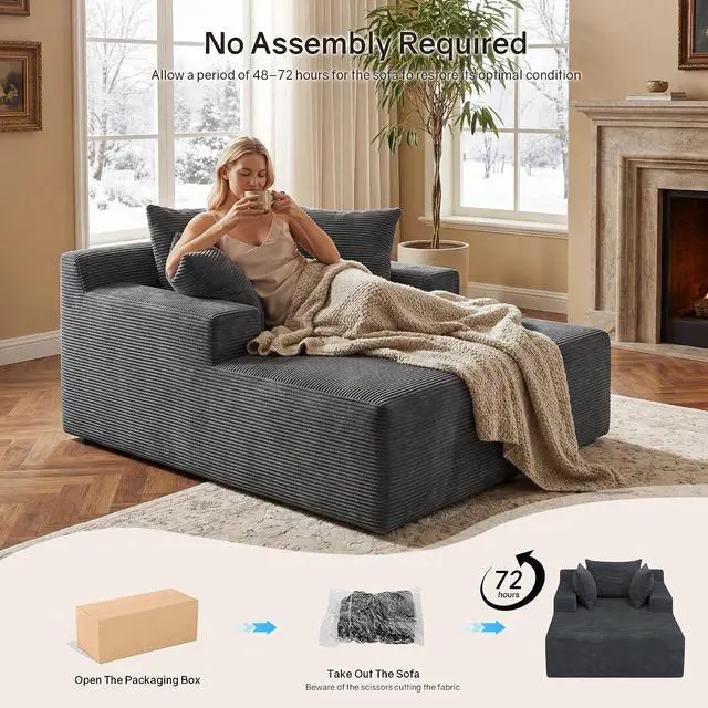 Alt view image 4 of 7 - 66" Chaise Lounge Chair Indoor, Oversized Boneless Lounge Chair with 3 Pillows, Corduroy Cloud Reading Chair for Living Room Bedroom, Deep Seat Sleeper Couch, No Assembly Required