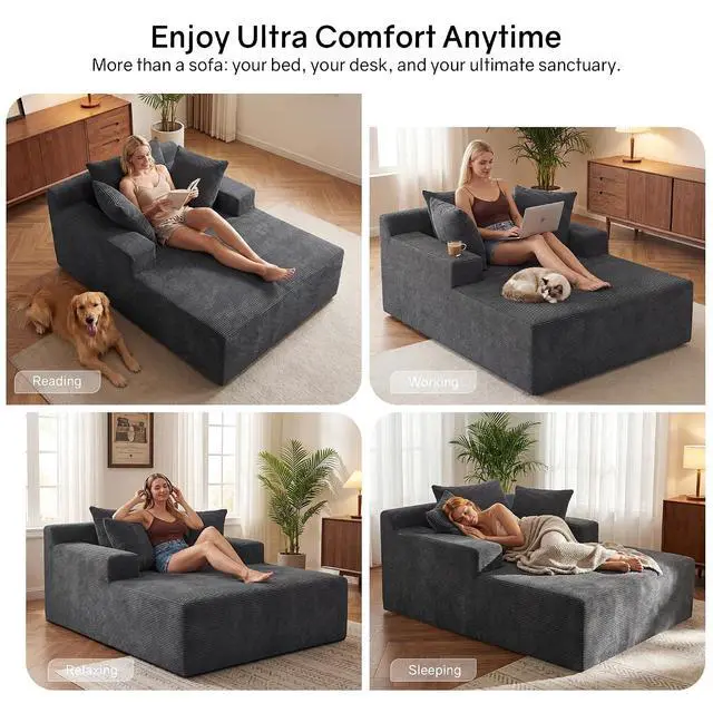 Alt view image 6 of 7 - 66" Chaise Lounge Chair Indoor, Oversized Boneless Lounge Chair with 3 Pillows, Corduroy Cloud Reading Chair for Living Room Bedroom, Deep Seat Sleeper Couch, No Assembly Required