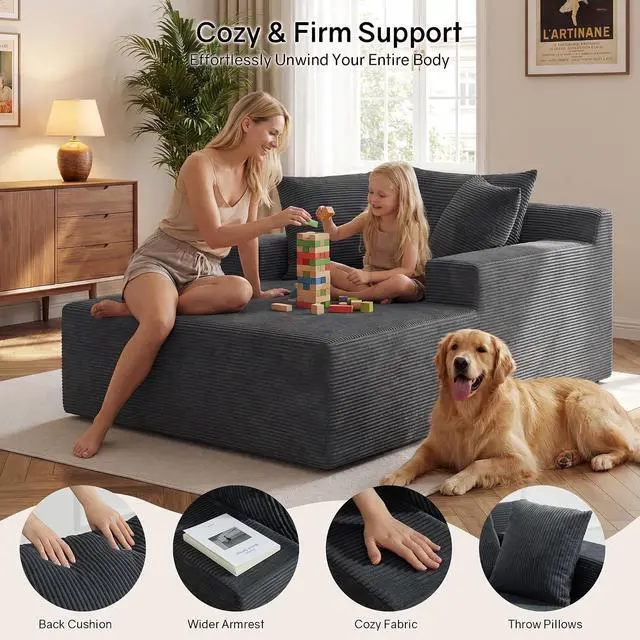 Alt view image 7 of 7 - 66" Chaise Lounge Chair Indoor, Oversized Boneless Lounge Chair with 3 Pillows, Corduroy Cloud Reading Chair for Living Room Bedroom, Deep Seat Sleeper Couch, No Assembly Required