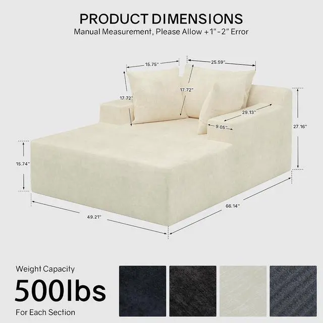 Alt view image 2 of 7 - 66" Chaise Lounge Chair Indoor, Oversized Boneless Lounge Chair with 3 Pillows, Chenille Cloud Reading Chair for Living Room Bedroom, Deep Seat Sleeper Couch, No Assembly Required