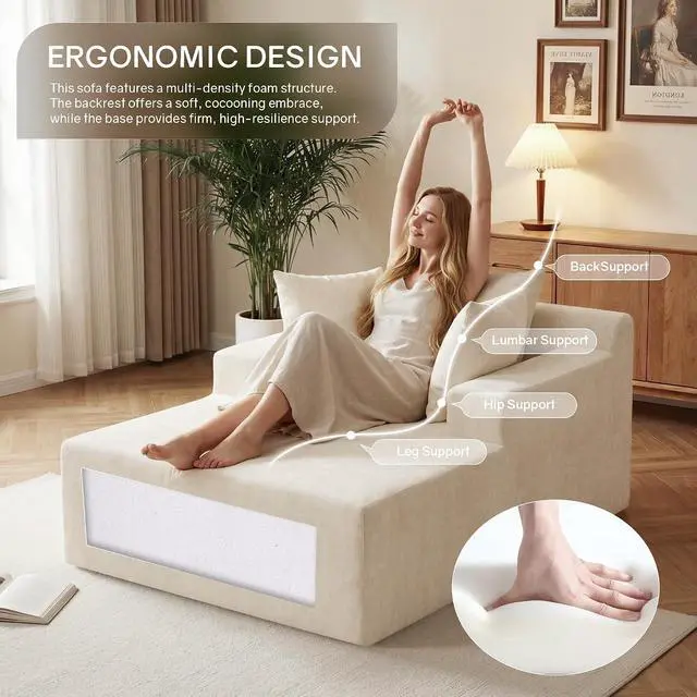 Alt view image 3 of 7 - 66" Chaise Lounge Chair Indoor, Oversized Boneless Lounge Chair with 3 Pillows, Chenille Cloud Reading Chair for Living Room Bedroom, Deep Seat Sleeper Couch, No Assembly Required