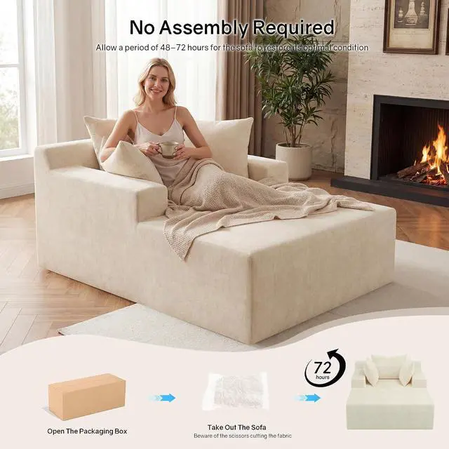 Alt view image 4 of 7 - 66" Chaise Lounge Chair Indoor, Oversized Boneless Lounge Chair with 3 Pillows, Chenille Cloud Reading Chair for Living Room Bedroom, Deep Seat Sleeper Couch, No Assembly Required