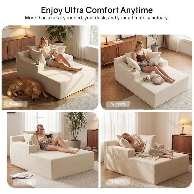 Alt view image 6 of 7 - 66" Chaise Lounge Chair Indoor, Oversized Boneless Lounge Chair with 3 Pillows, Chenille Cloud Reading Chair for Living Room Bedroom, Deep Seat Sleeper Couch, No Assembly Required