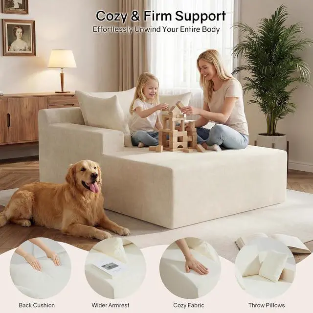 Alt view image 7 of 7 - 66" Chaise Lounge Chair Indoor, Oversized Boneless Lounge Chair with 3 Pillows, Chenille Cloud Reading Chair for Living Room Bedroom, Deep Seat Sleeper Couch, No Assembly Required