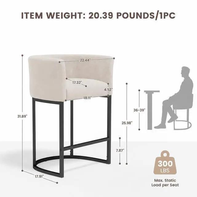 Alt view image 2 of 7 - Chenille Counter Height Bar Stools Set of 2, 26" Kitchen Island Stools with Arms & Footrest, Upholstered Barrel Back Bar Chairs for Kitchen Dining Room, Bar & Lounge Area, Off-White