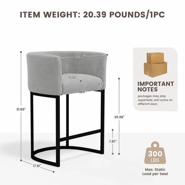 Alt view image 2 of 7 - Chenille Counter Height Bar Stools Set of 4, 26" Kitchen Island Stools, Upholstered Barrel Back Bar Chairs for Kitchen Dining Room, Bar & Lounge Area, Grey