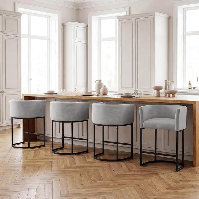Main image of Chenille Counter Height Bar Stools Set of 4, 26" Kitchen Island Stools, Upholstered Barrel Back Bar Chairs for Kitchen Dining Room, Bar & Lounge Area, Grey