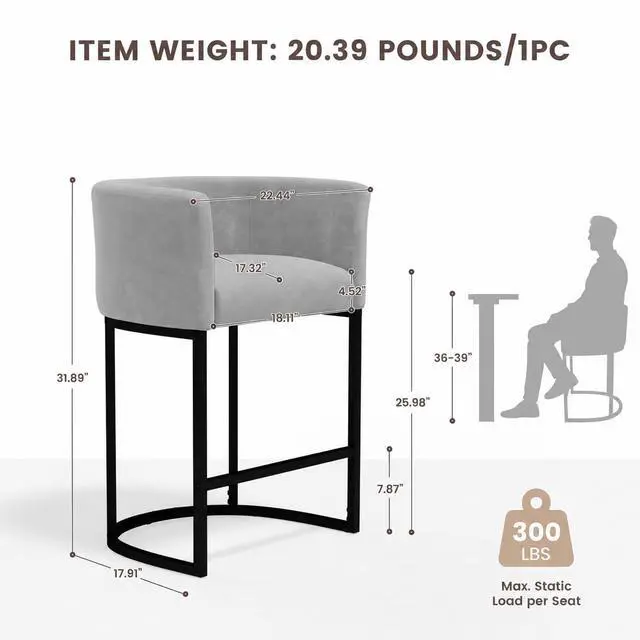 Alt view image 2 of 7 - Chenille Counter Height Bar Stools Set of 2, 26" Kitchen Island Stools with Arms & Footrest, Upholstered Barrel Back Bar Chairs for Kitchen, Dining Room, Bar & Lounge Area, Grey